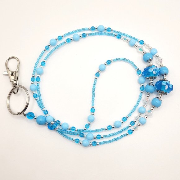 Turquoise Blue Flowers, Beaded Lanyard for Women, Badge, ID Holder, Keychain - Picture 2 of 5